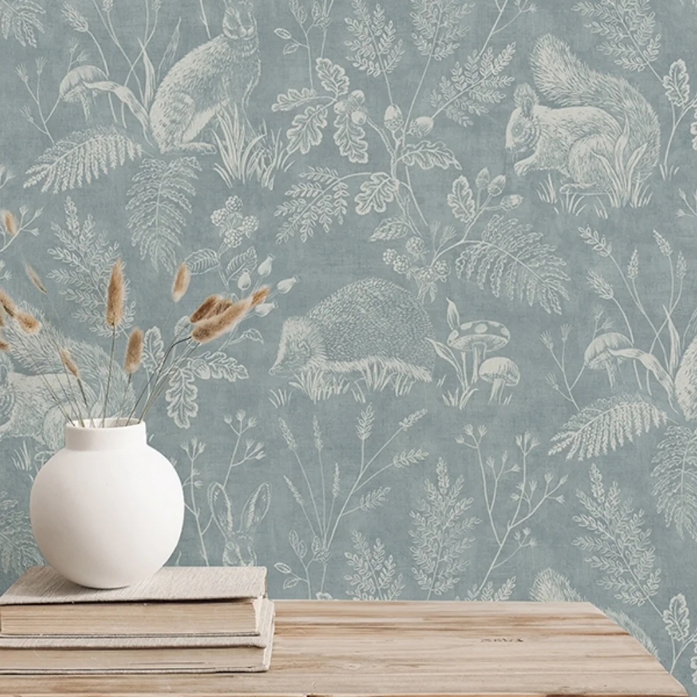 Wallpaper Woodland Blue Toile Animals